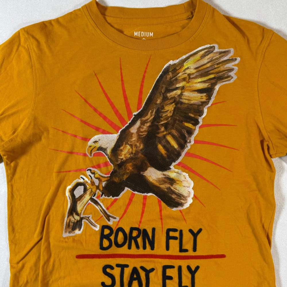 Born Fly USA Mens Medium‎ Long Sleeve Graphic T Shirt Eagle Bear Graphic Yellow